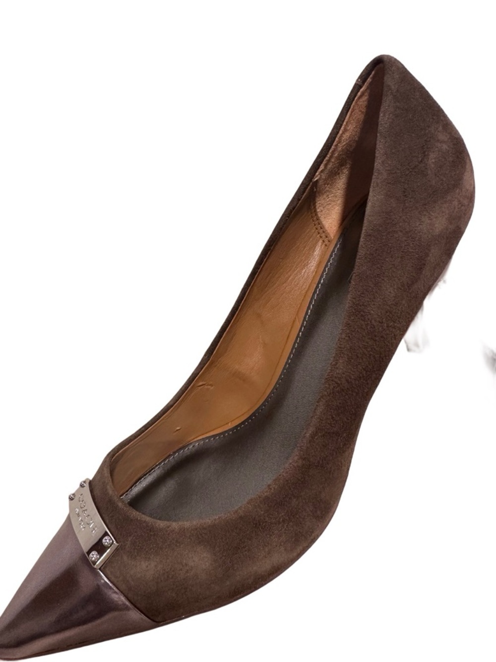 COACH Zan Brown Suede Metallic Cap Toe Pointed Pumps Heels Silver - Size 9B GUC - Picture 14 of 17